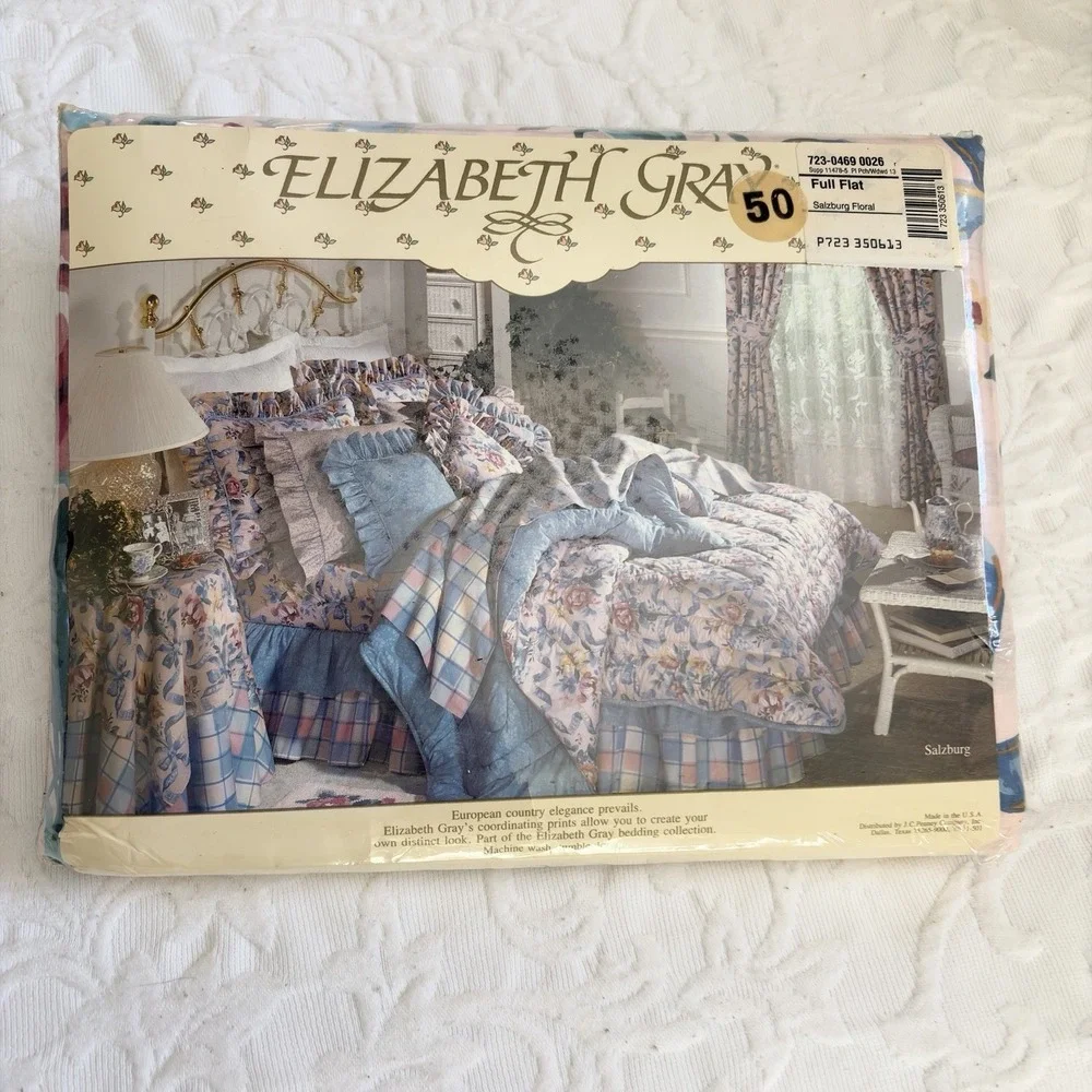 VTG Elizabeth Gray Salzburg Floral Full Flat Sheet Cottagecore Made USA 90s New